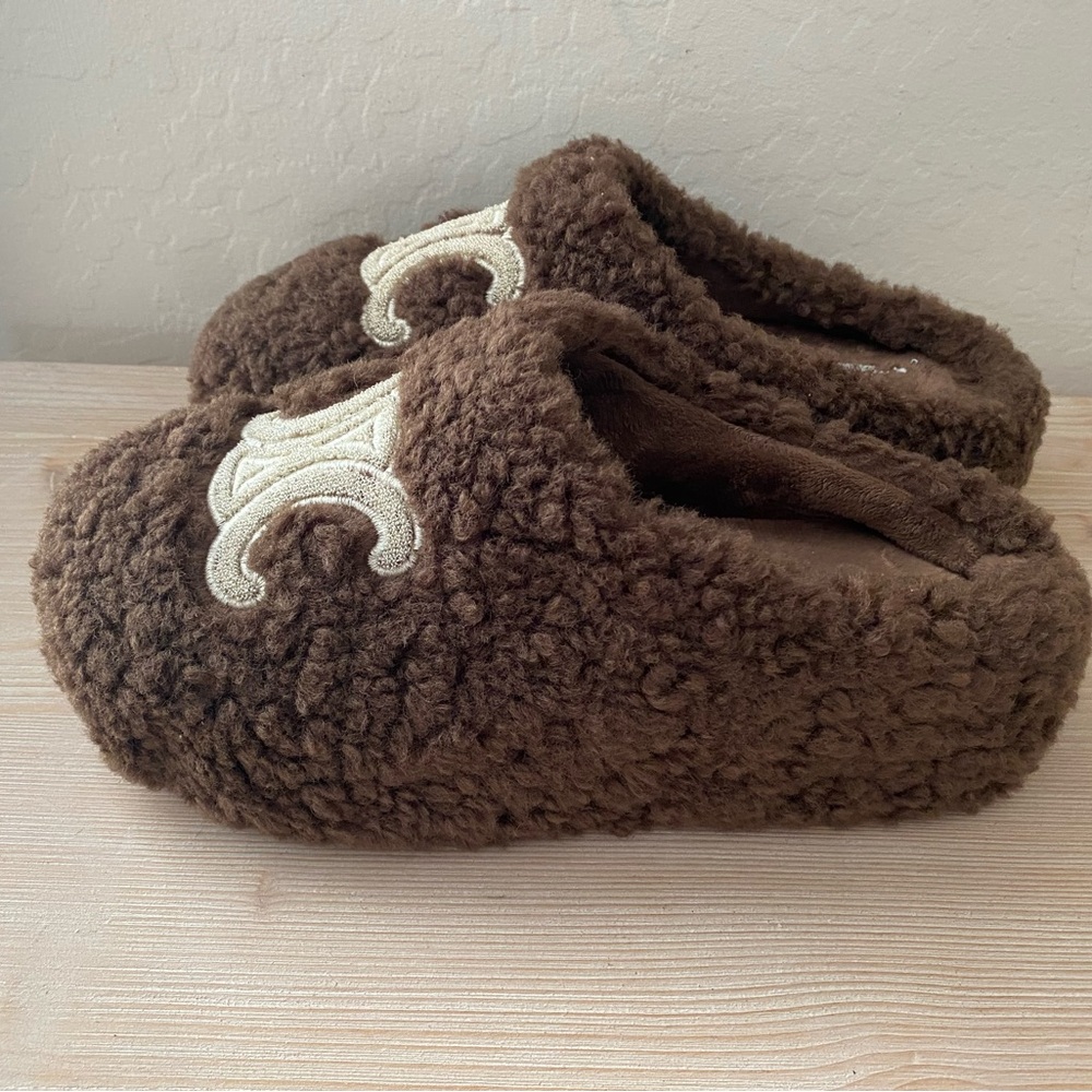 Celine Brown Fuzzy Slippers with Cream Logo - Picture 3 of 7